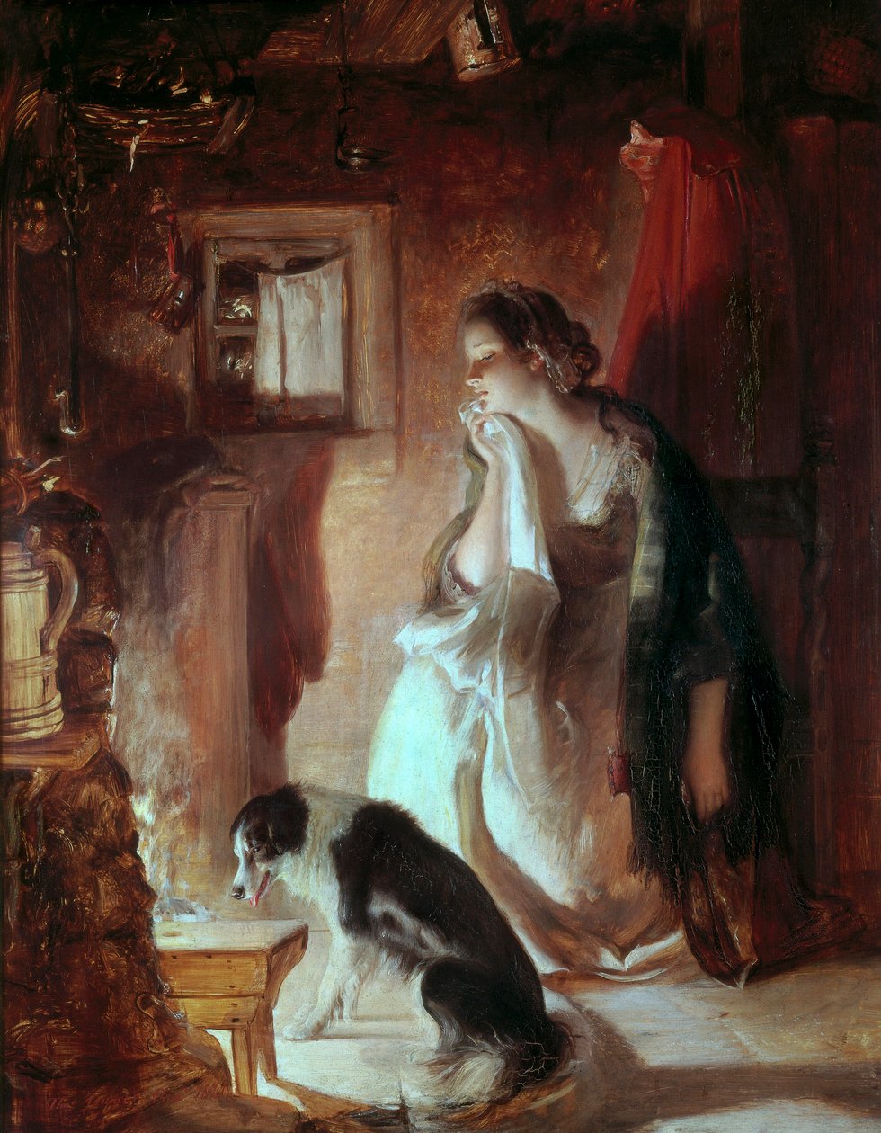 حزين القلب شابة من النار وجه حزين بسبب حزن. لوحة توماس دنكان (1807-1845) متحف فيكتوريا وألبرت ، لندن بواسطة توماس دنكان