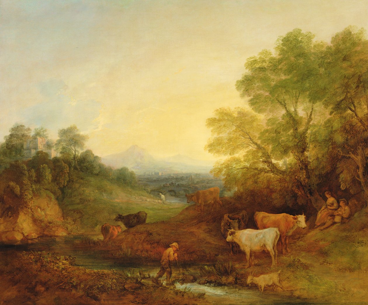 منظر طبيعي مع ماشية وأرقام بجوار جدول وجسر بعيد ، 1772-4 (زيت على قماش) بواسطة توماس غينزبورو