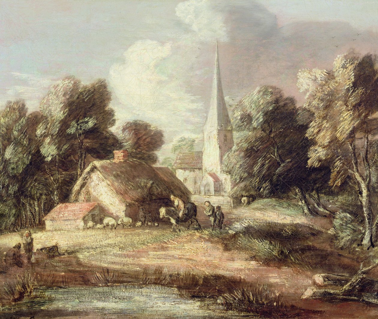 منظر طبيعي بكنيسة وكوخ وقرويين وحيوانات ، حوالي 1771-2 (زيت على قماش بطباشير أسود) بواسطة توماس غينزبورو