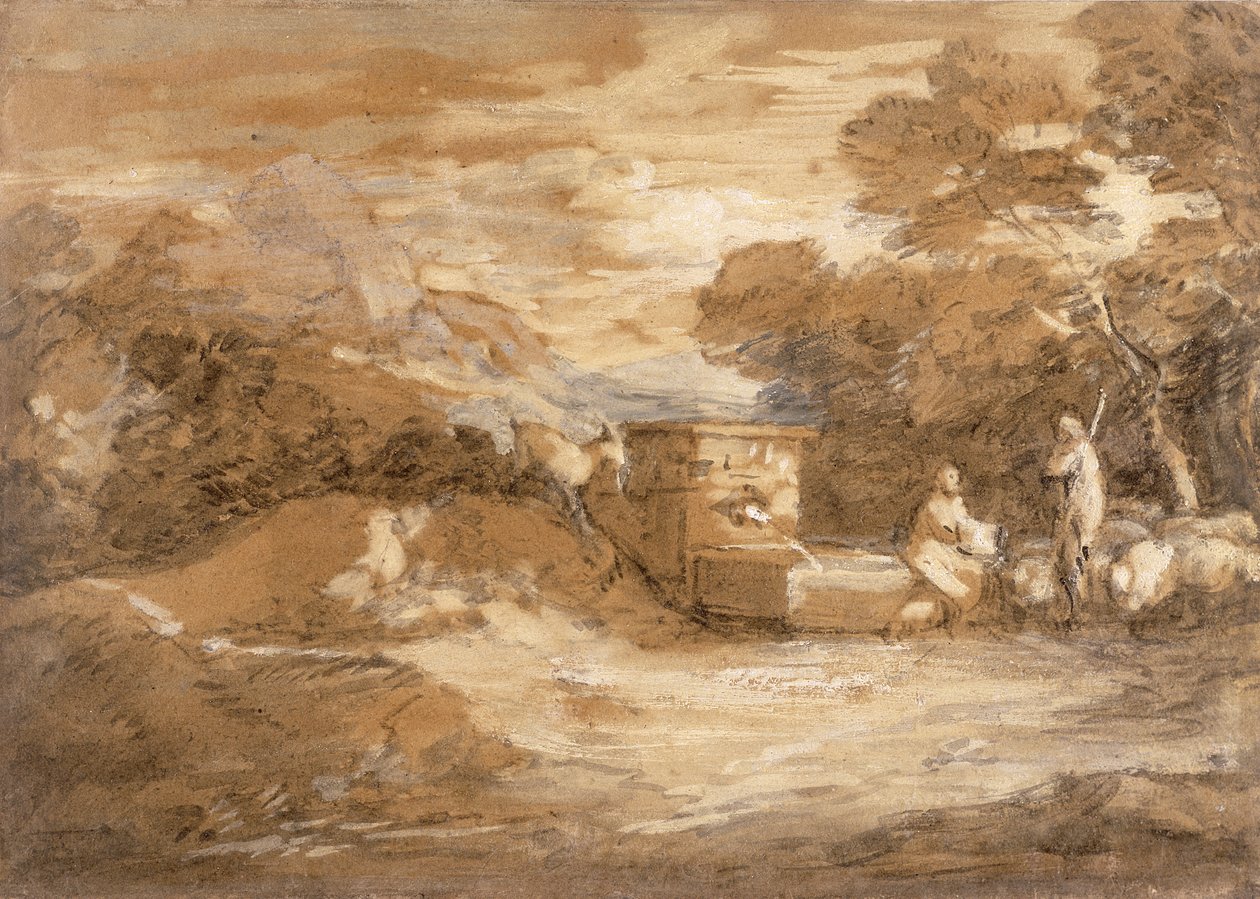 منظر طبيعي للجبال مع شخصيات ، غنم ونافورة ، 1785-88 (غسيل رمادي ، زيت وطباشير أسود على ورق مضغوط) بواسطة توماس غينزبورو