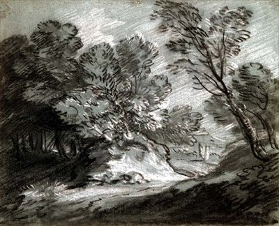 No.0975 منظر طبيعي مشجر مع جبل بعيد (طباشير على ورق أزرق). بواسطة توماس غينزبورو