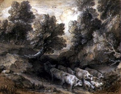 المناظر الطبيعية المشجرة مع الماشية والماعز ، 1768-72 (طباشير أسود وأبيض على ورق) بواسطة توماس غينزبورو