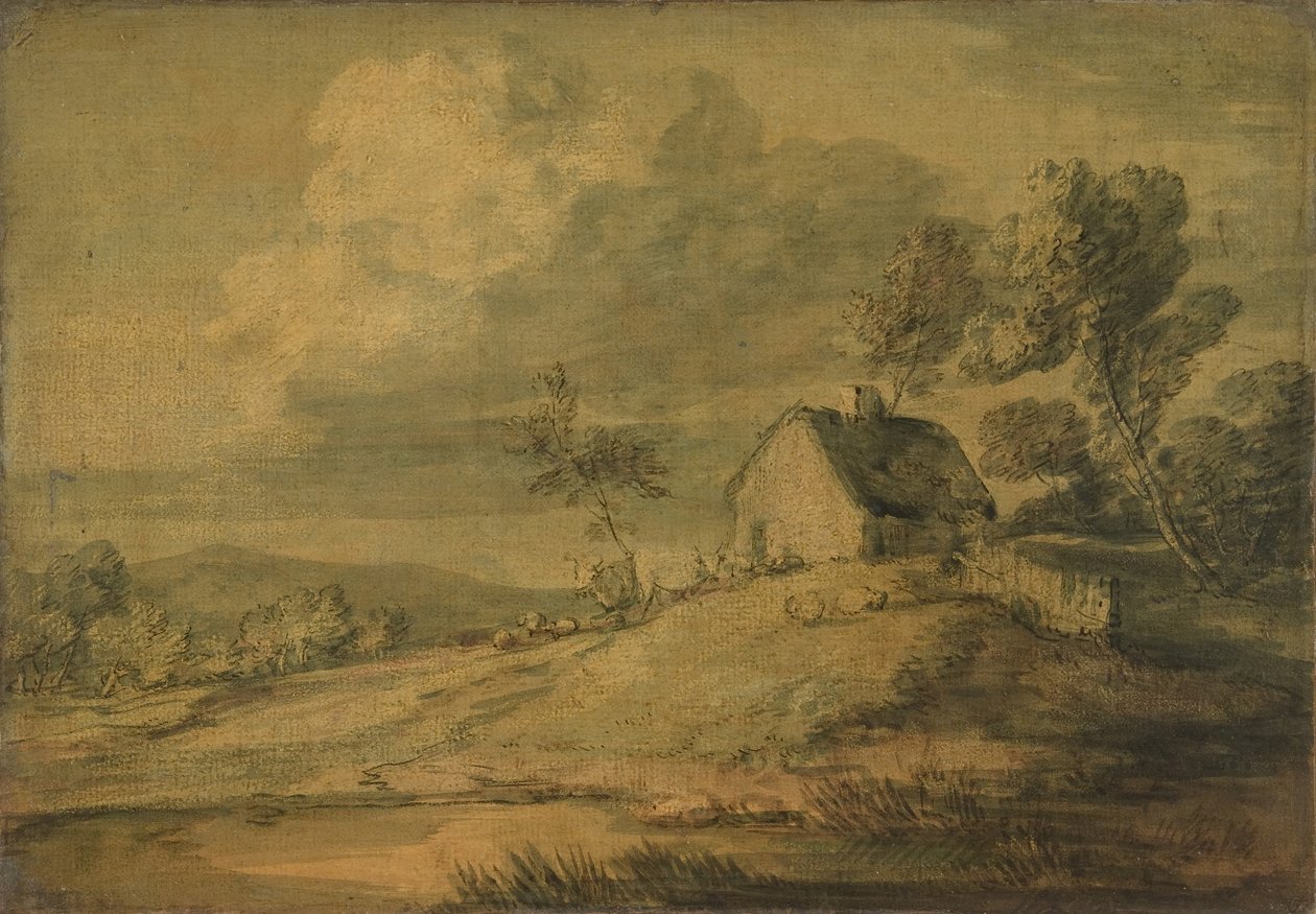 المناظر الطبيعية المشجرة مع الكوخ والأبقار والأغنام ، كاليفورنيا. 1770. بواسطة توماس غينزبورو