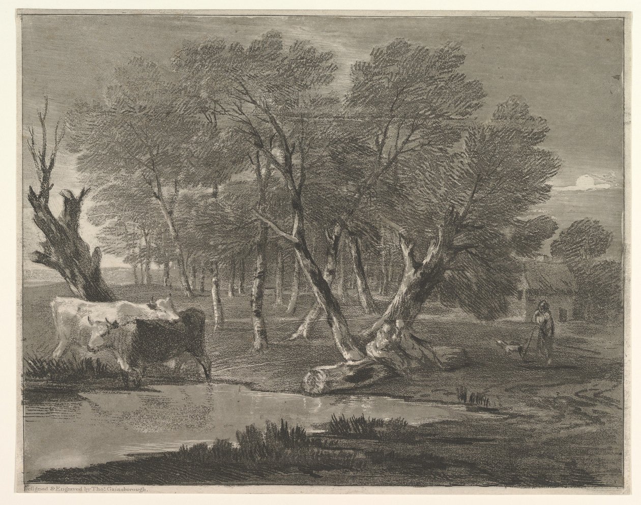المناظر الطبيعية المشجرة مع الأبقار بجانب المسبح والأشكال والبيوت ، 1775-80. بواسطة توماس غينزبورو