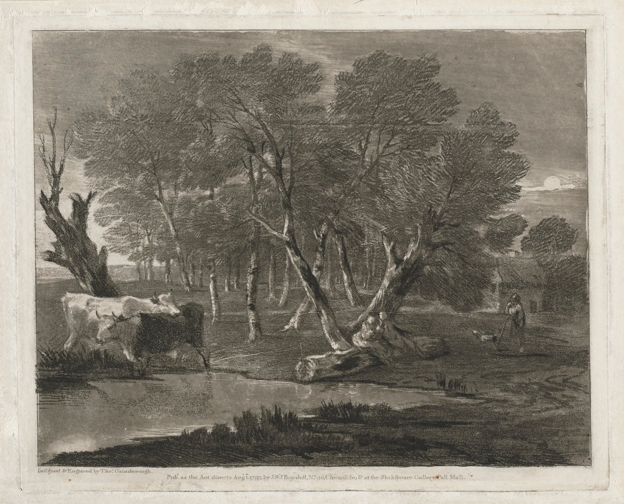 المناظر الطبيعية المشجرة مع الأبقار بجانب المسبح والأشكال والبيوت ، تم نشره عام 1797. بواسطة توماس غينزبورو