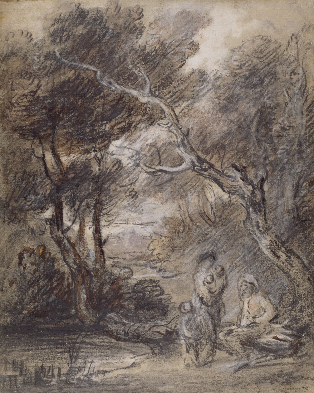 منظر طبيعي مشجر بالأشكال ، حوالي عام 1788 (طباشير وغسل وغواش على ورق) بواسطة توماس غينزبورو