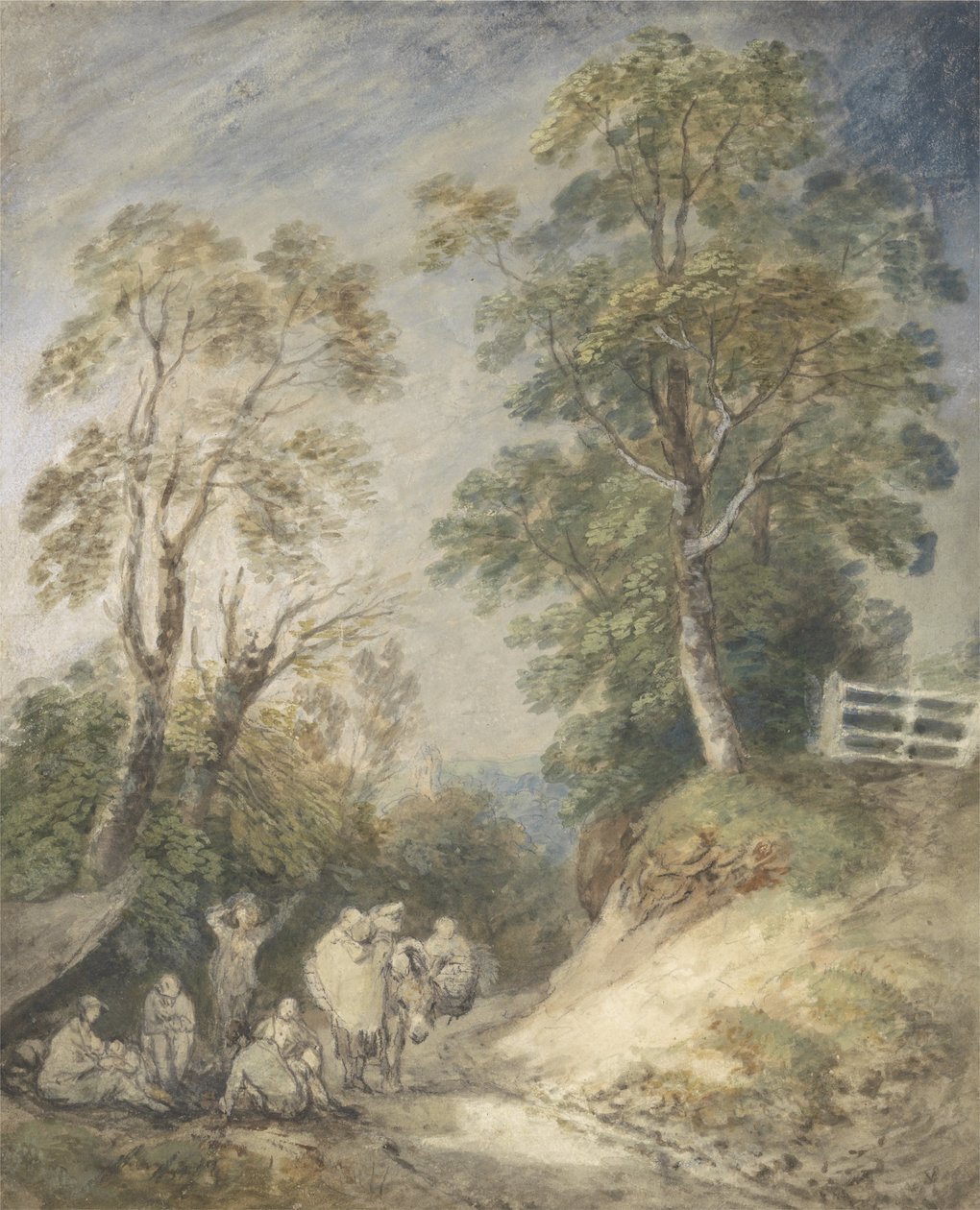 المناظر الطبيعية المشجرة مع معسكر الغجر ، حوالي 1760-65 (ألوان مائية وغواش فوق قلم رصاص وطباشير على ورق) بواسطة توماس غينزبورو