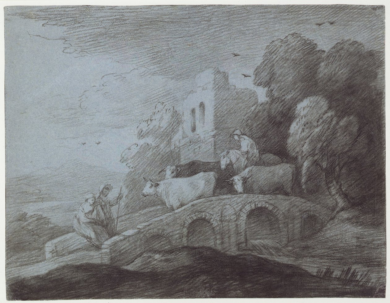 المناظر الطبيعية المشجرة مع الماشية القيادة Herdsman (النقش على الورق) بواسطة توماس غينزبورو