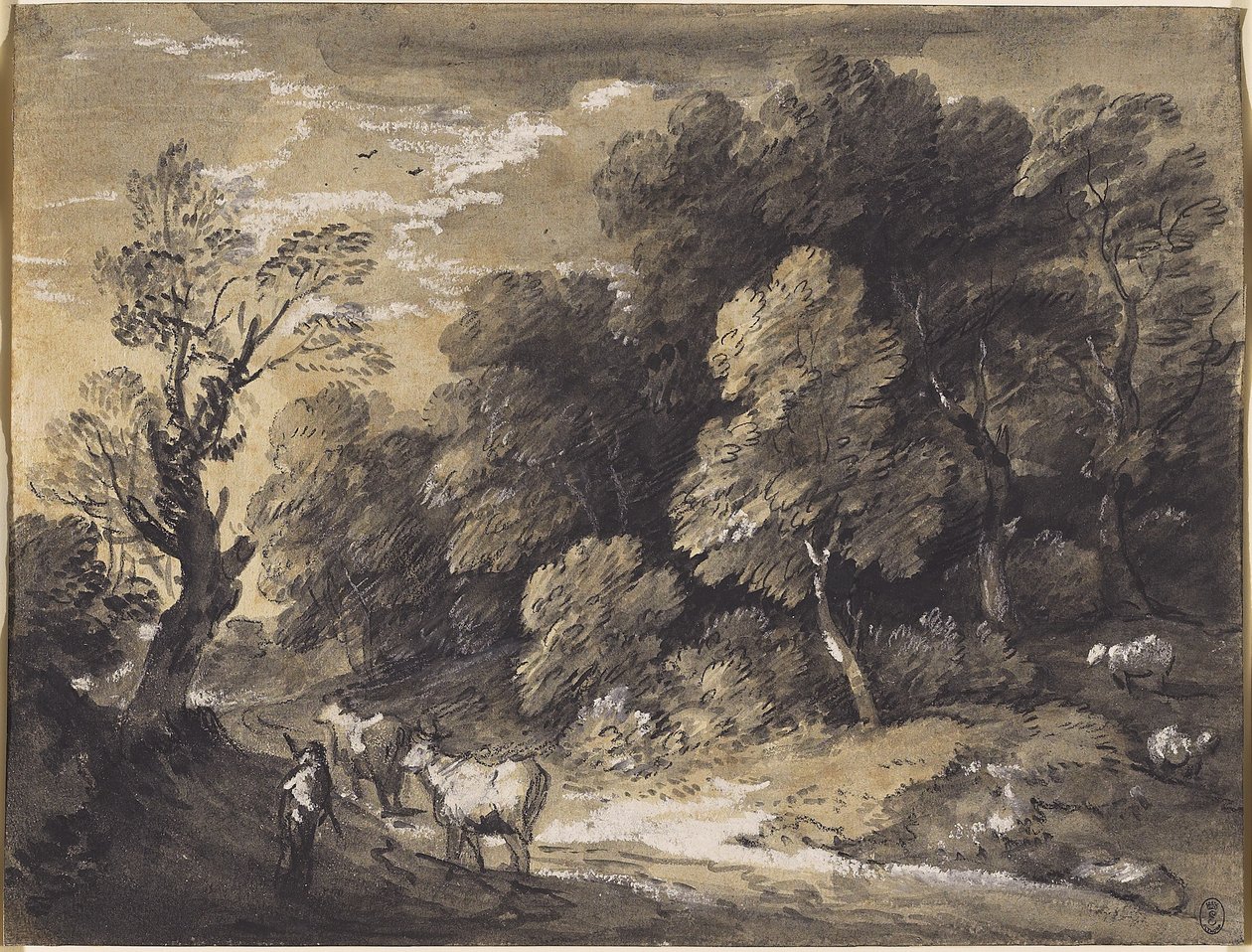 المناظر الطبيعية المشجرة مع الراعي والأبقار ، c.1775-80 (طباشير أسود وغسالات رمادية سوداء ، يعلوها غواش أبيض على ورق مسدود) بواسطة توماس غينزبورو