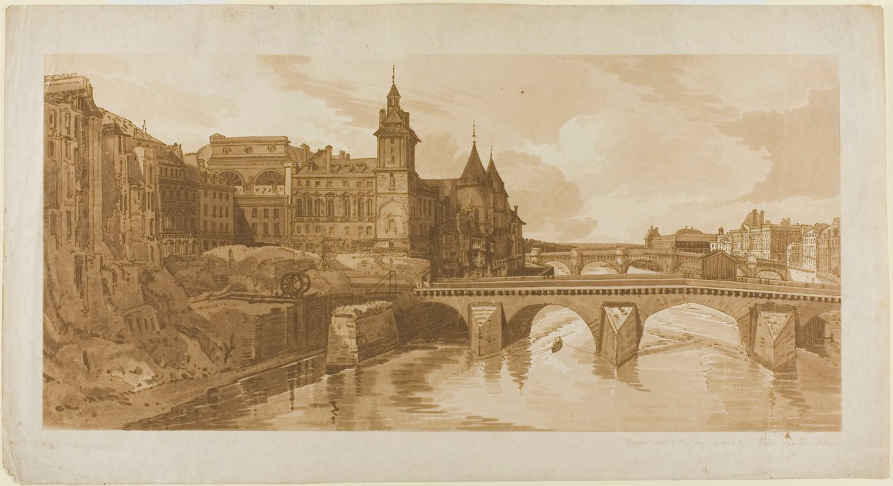 منظر لـ Pont au Change ، ومسرح المدينة ، و Pont Neuf ، وسجن Conciergerie ، وما إلى ذلك مأخوذ من Pont Notre Dame ، من مجموعة مختارة من عشرين من أكثر المناظر الخلابة في باريس بواسطة توماس غيرتين