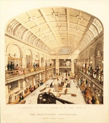 منظر داخلي للمعرض الكبير في معهد البوليتكنيك ، شارع ريجنت ، حوالي عام 1838 (لون ليثو) بواسطة توماس جولدسوورث دوتون