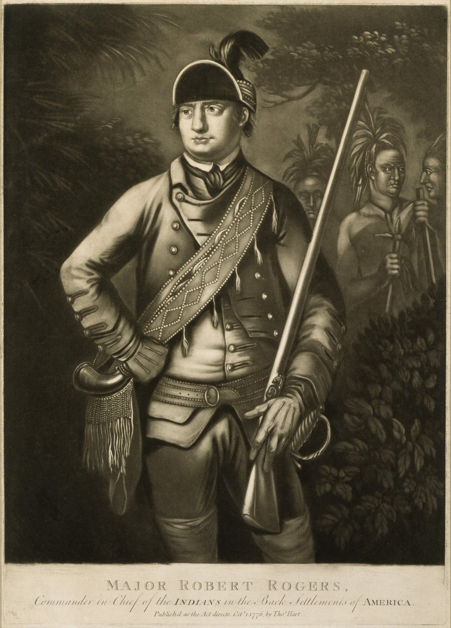 الرائد روبرت روجرز ، القائد العام للهنود في المستوطنات الخلفية بأمريكا ، ج. 1776 (ميزوتينت) بواسطة توماس هارت