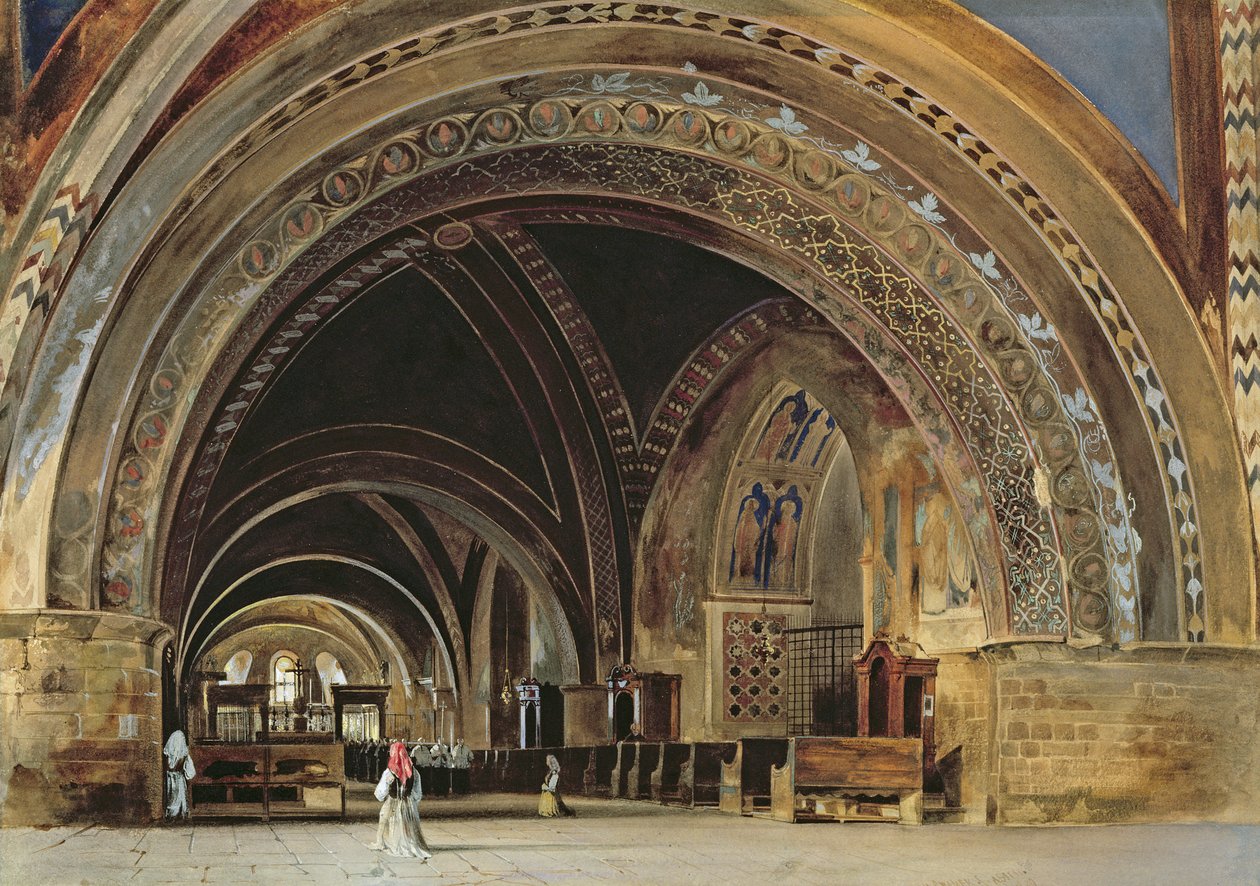 الجزء الداخلي للبازيليكا السفلى للقديس فرنسيس الأسيزي ، 1839 (مرحاض وجواش مع الصمغ العربي) بواسطة توماس هارتلي كرومك