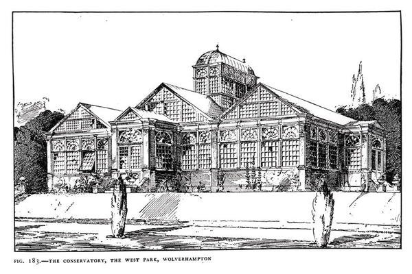The Conservatory ، the West Park ، Wolverhampton ، من "The Art and Craft of Garden Making" ، تم نشره عام 1900 (litho) (b / w photo) بواسطة توماس هايتون موسون