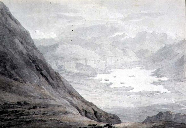 Derwentwater من Skiddaw (قلم رصاص وألوان مائية على ورق) بواسطة توماس هيرن
