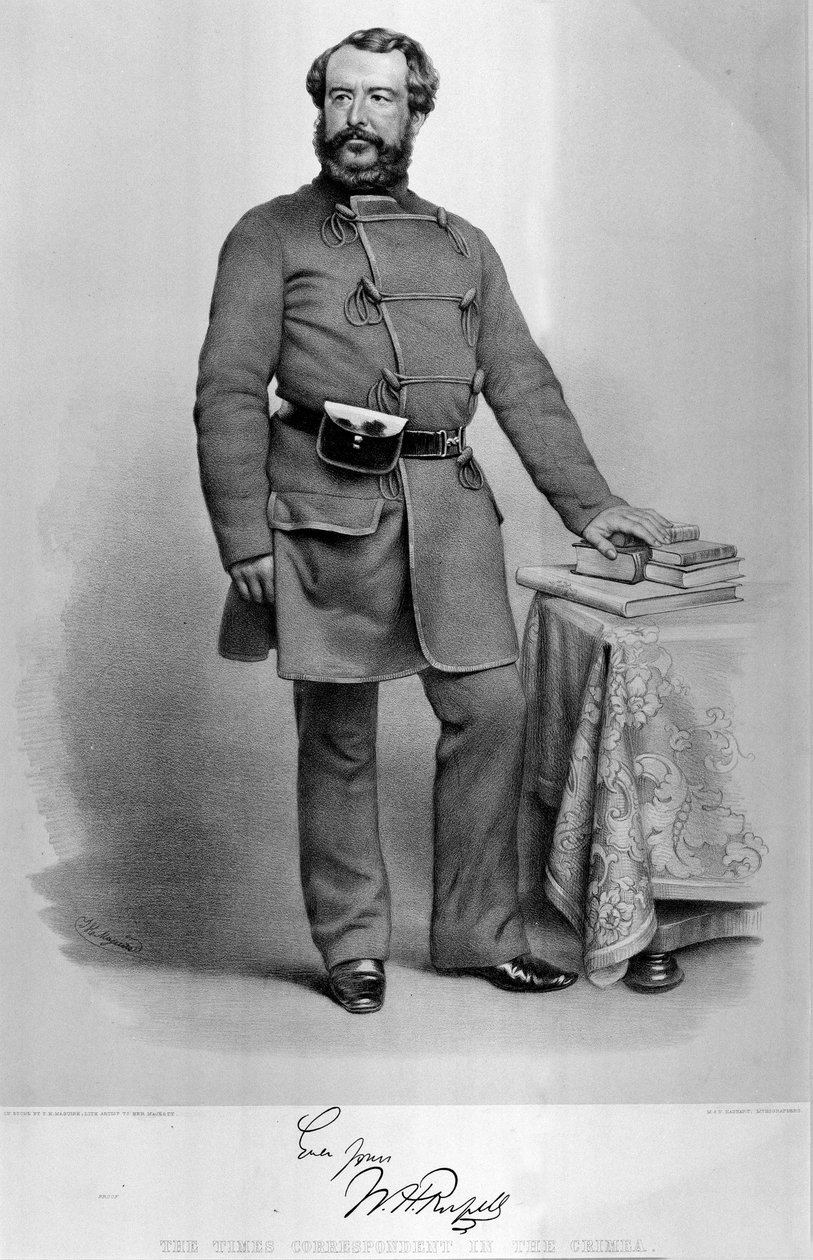 صورة WH Russell (1820-1907) مراسل التايمز في شبه جزيرة القرم ، مع صورة طبق الأصل من توقيعه ، نشرت عام 1855 بواسطة توماس هربرت ماجواير
