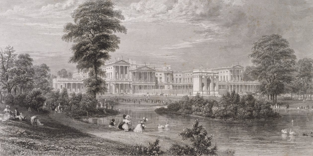 منظر لقصر باكنغهام وقوس ماربل ، من حديقة سانت جيمس ، c.1835 بواسطة توماس هيغام