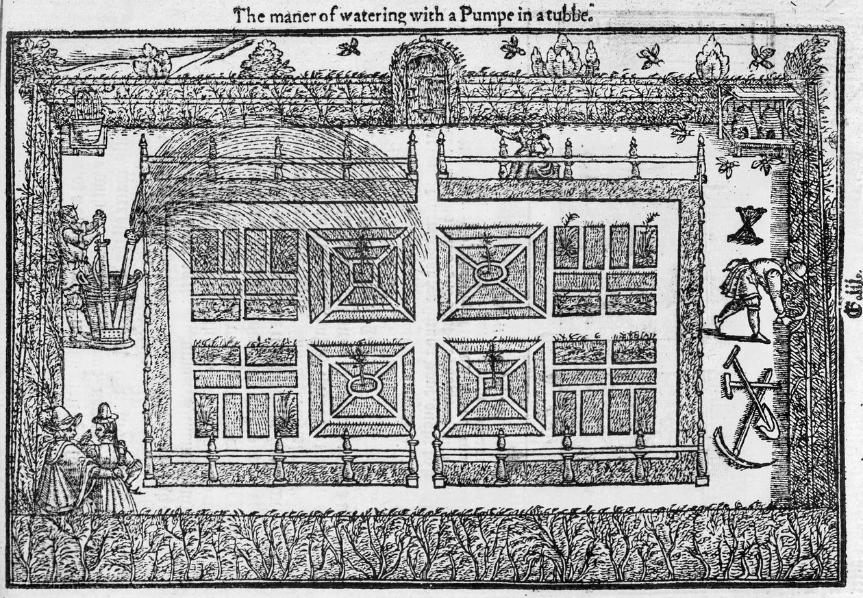 أخلاق الري بمضخة في الحوض ، من The Gardeners Labyrinth ، 1577 بواسطة توماس هيل