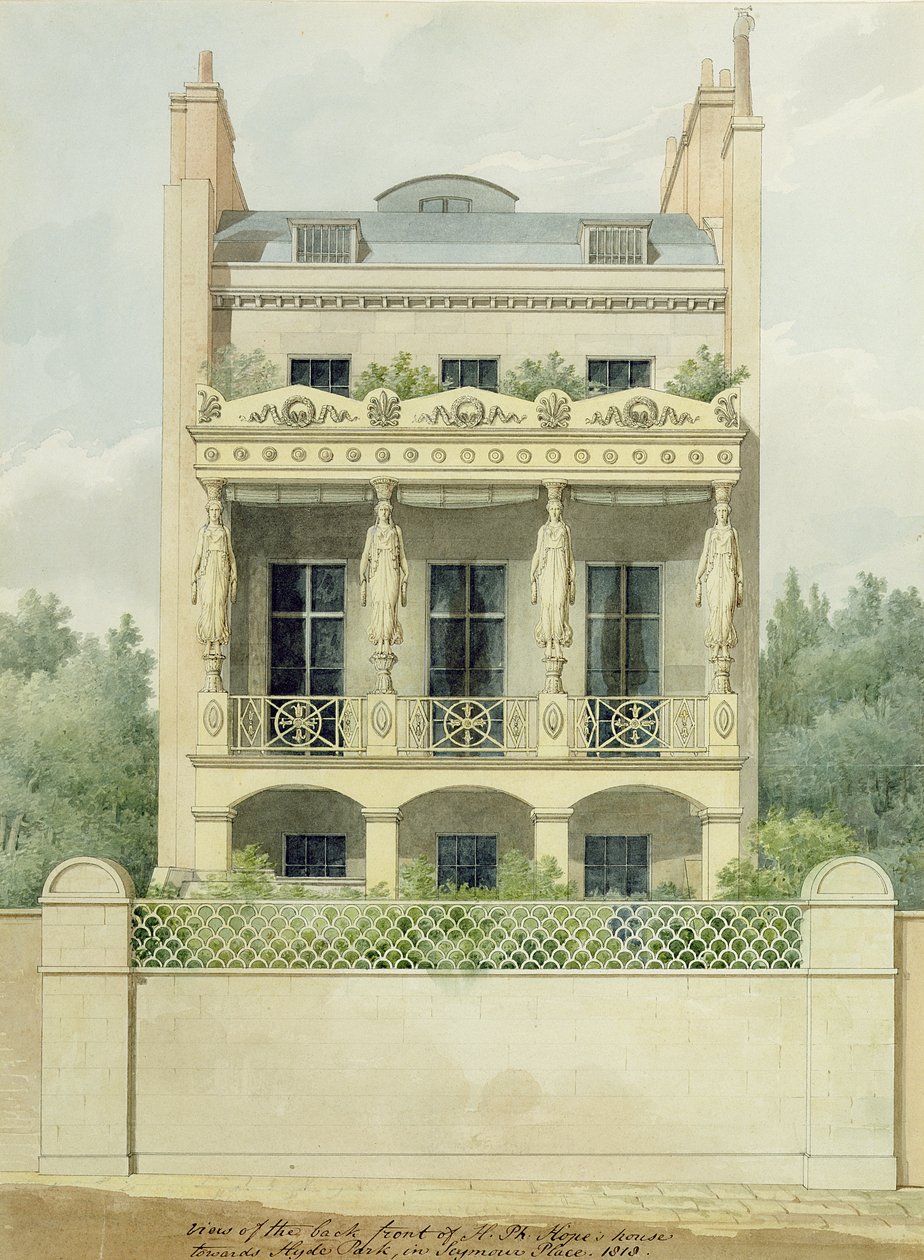 منظر للجبهة الخلفية لمنزل هنري فيليب هوبز نحو هايد بارك في سيمور بليس ، 1818 (قلم وحبر ومرحاض فوق الجرافيت على ورق) بواسطة توماس هوب