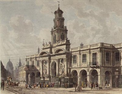 منظر للبورصة الملكية ، كورنهيل ، نقش بواسطة دانيال هافيل (1785-1826) ، حانة. 1816 بواسطة "مستودع الفنون" لأكرمان (أكواتينت) بواسطة توماس هوسمر (بعد) شيبرد