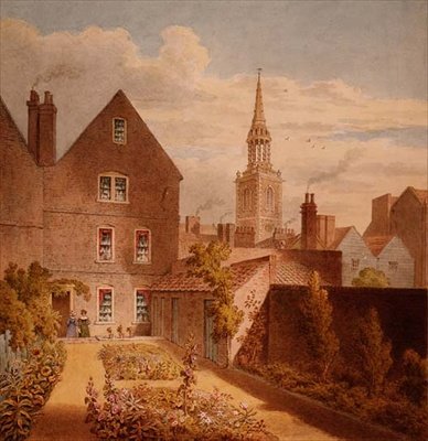 منظر لمنزل وحديقة السيد Upcott مع كنيسة Islington في المسافة ، حوالي عام 1835 (ألوان مائية على الورق) بواسطة توماس هوسمر شيبرد