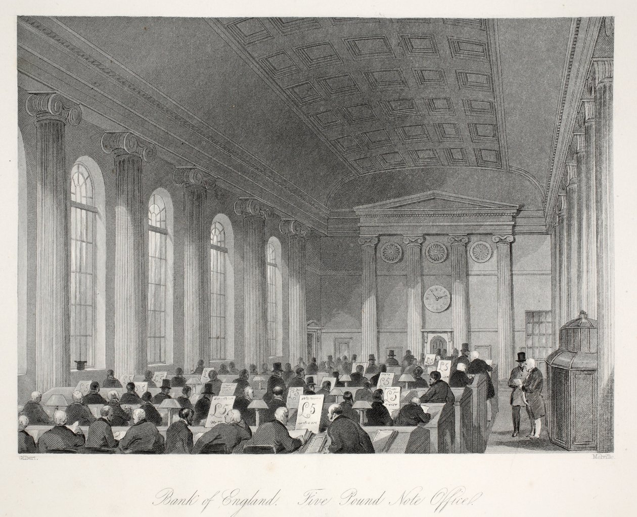 بنك إنجلترا - مكتب خمسة باوند نوت ، من حانة "London Interiors with the Costumes and Ceremonies". جوزيف ميد ، لندن ، 1843 (نقش الفولاذ) بواسطة توماس هوسمر شيبرد