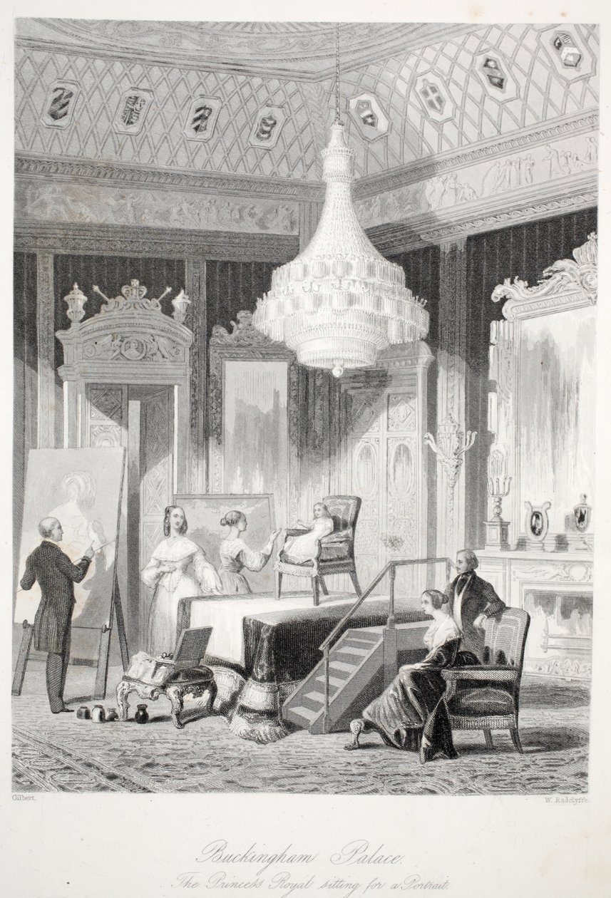 قصر باكنغهام - الأميرة الملكية جالسة لصورة ، من London Interiors مع حانة الأزياء والاحتفالات. جوزيف ميد ، لندن ، 1843 نقش صلب بواسطة توماس هوسمر شيبرد