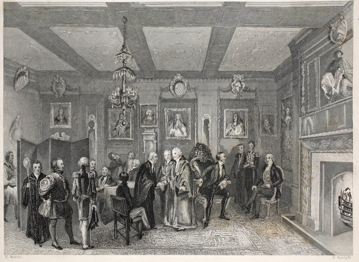 قاعة المجلس ، قاعة فينتنر ، من حانة "London Interiors with the Costumes and Ceremonies". جوزيف ميد ، لندن ، 1843 (نقش الفولاذ) بواسطة توماس هوسمر شيبرد