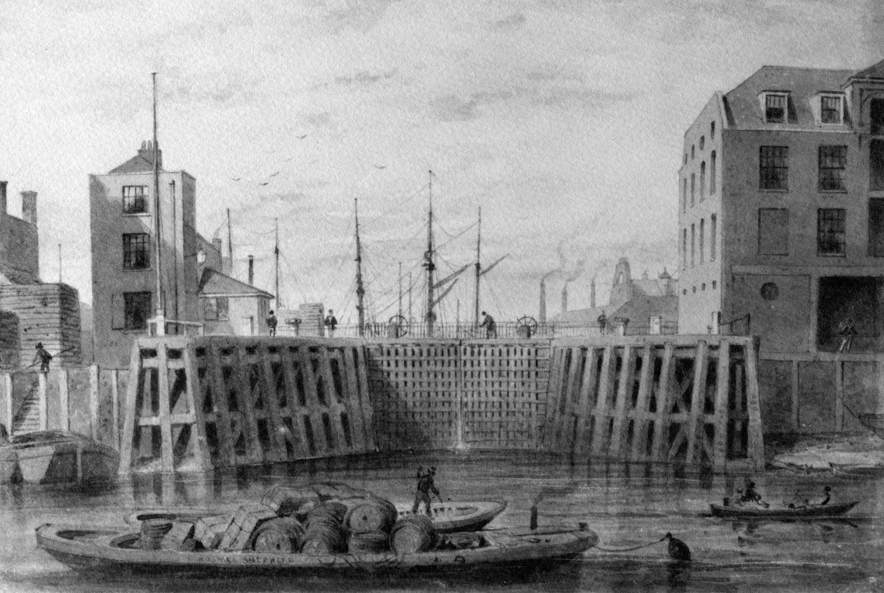 مدخل Limehouse Dock ، 1850 (قلم وحبر وغسل على الورق) بواسطة توماس هوسمر شيبرد