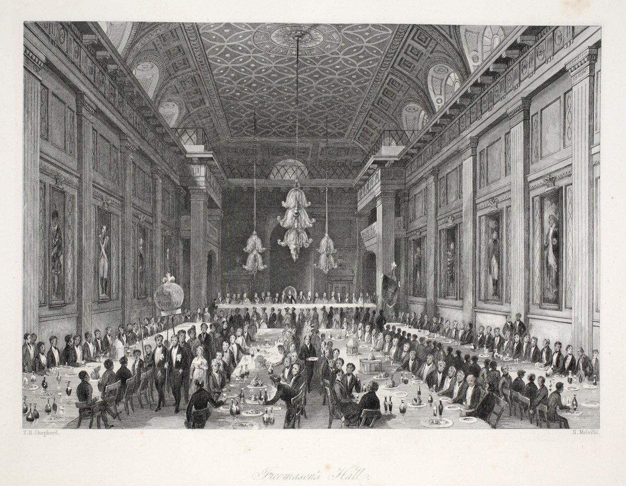 قاعة الماسونيين ، من حانة "London Interiors with the Costumes and Ceremonies". جوزيف ميد ، لندن ، 1843 (نقش الفولاذ) بواسطة توماس هوسمر شيبرد