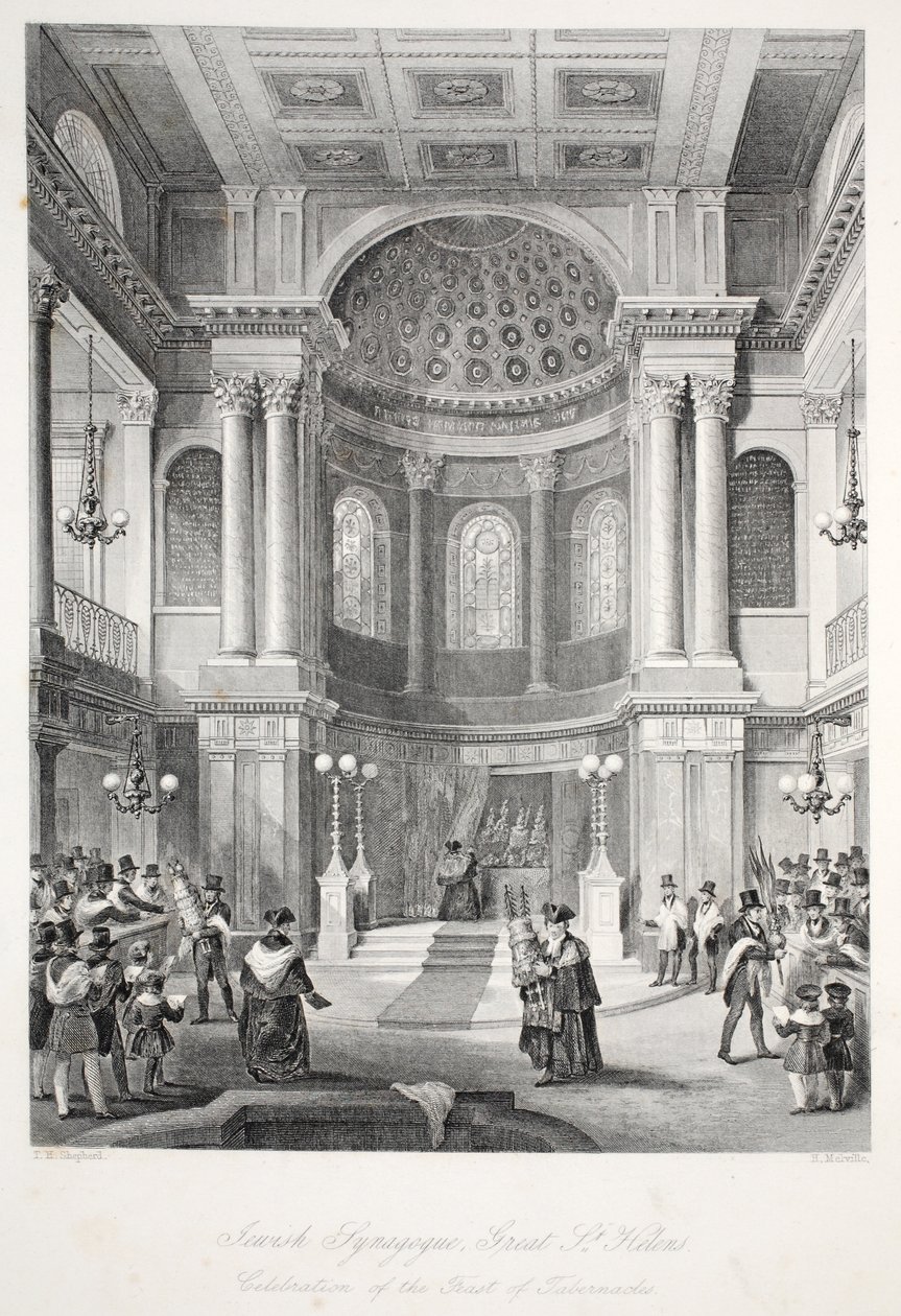 كنيس يهودي ، جريت سانت هيلينز ، من حانة "London Interiors with the Costumes and Ceremonies". جوزيف ميد ، لندن ، 1843 (نقش الفولاذ) بواسطة توماس هوسمر شيبرد