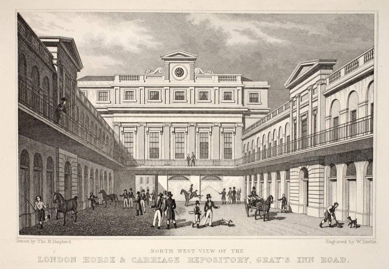 عرض NW ل London Horse and Carriage Repository ، طريق Gray&39;s Inn ، من حانة "London and Environs in the Nineteenth Century". شركة جونز أوند ، 1827-1829 بواسطة توماس هوسمر شيبرد