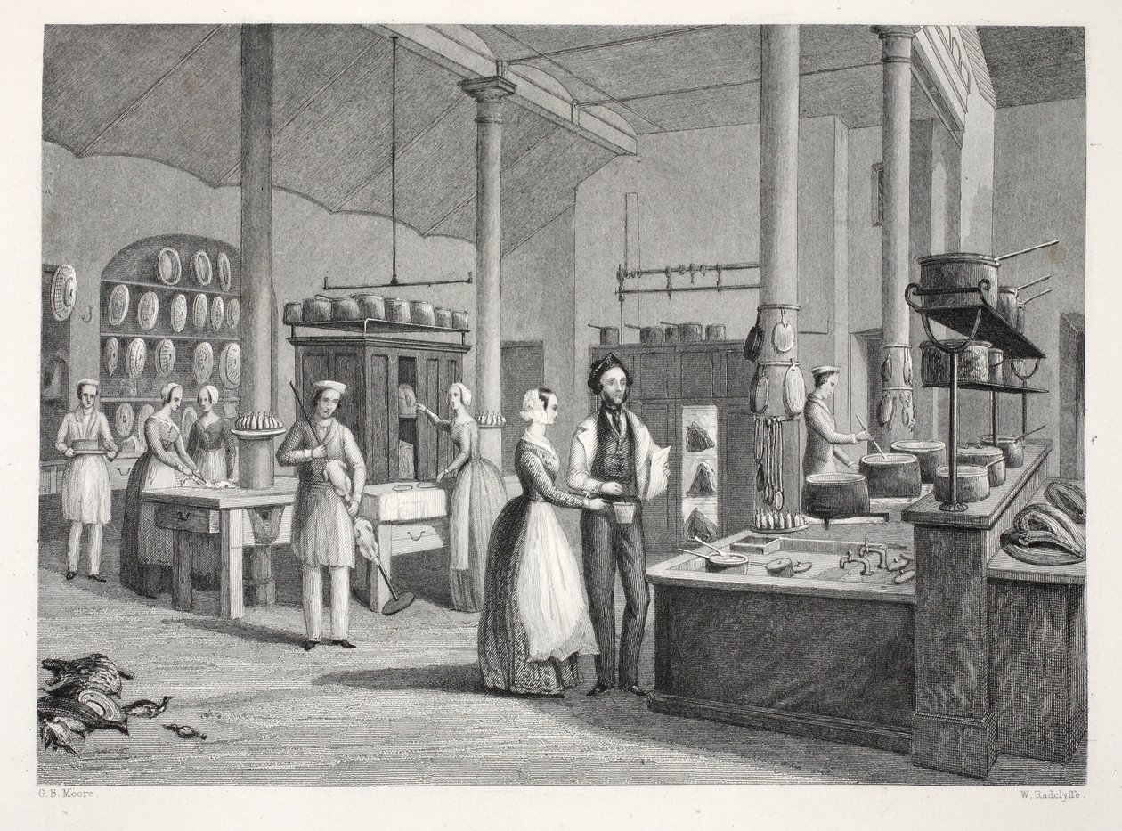 نادي الإصلاح - المطبخ ، من حانة "لندن إنتيريورز مع حانة الأزياء والاحتفالات الخاصة بهم". جوزيف ميد ، لندن ، 1843 (نقش الفولاذ) بواسطة توماس هوسمر شيبرد