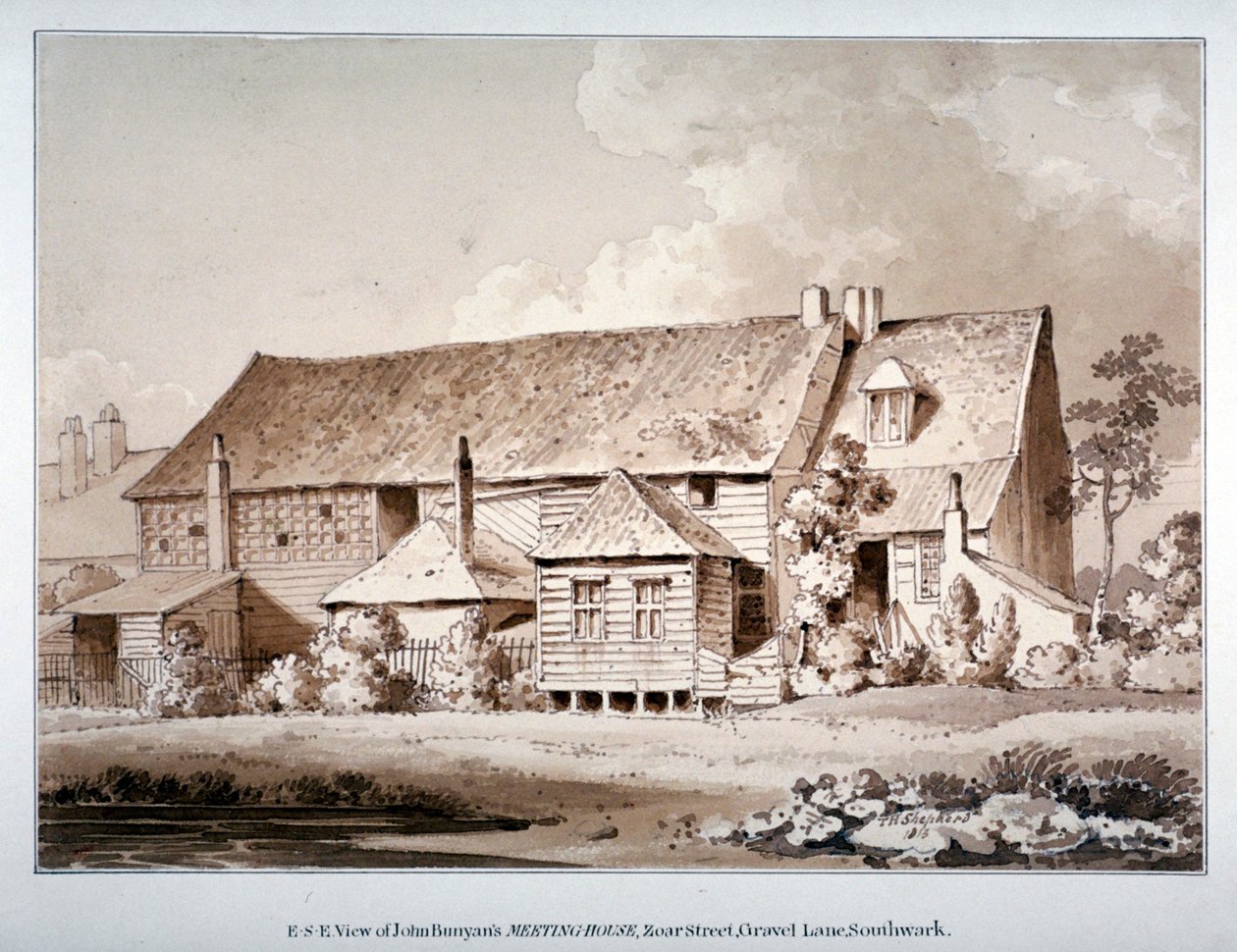 منظر جنوبي شرقي لبيت اجتماعات جون بنيان ، شارع زوار ، ساوثوارك ، لندن ، 1813 بواسطة توماس هوسمر شيبرد