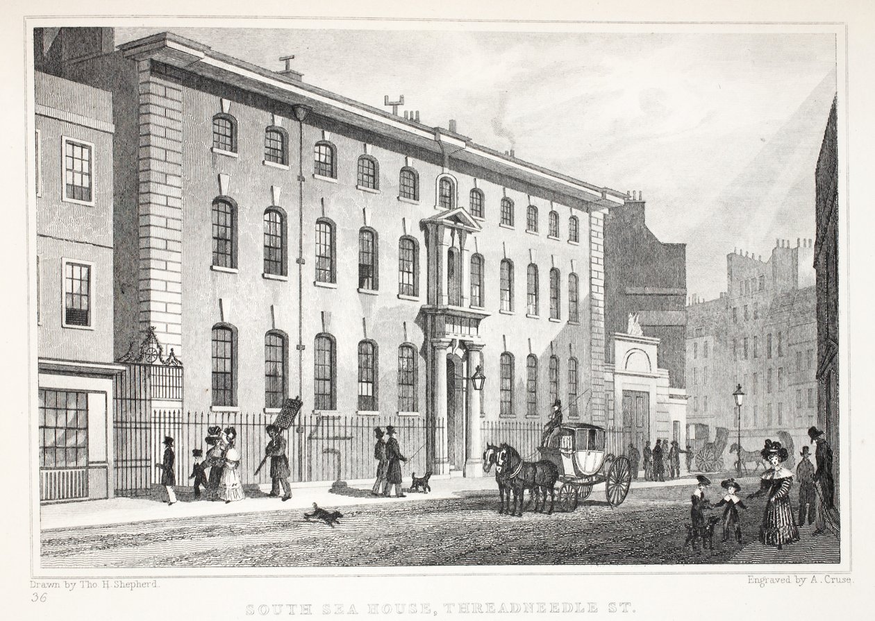South Sea House ، شارع Threadneedle ، من حانة "لندن وضواحيها في القرن التاسع عشر". شركة جونز أوند ، 1827-1829 بواسطة توماس هوسمر شيبرد