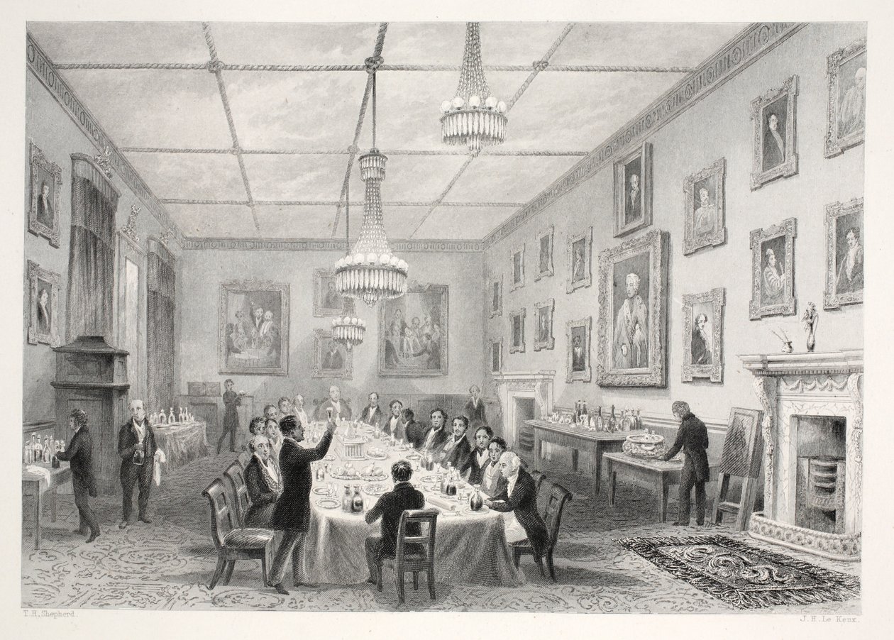 منزل مسقوف بالقش ، من حانة "London Interiors with the Costumes and Ceremonies". جوزيف ميد ، لندن ، 1843 (نقش الفولاذ) بواسطة توماس هوسمر شيبرد