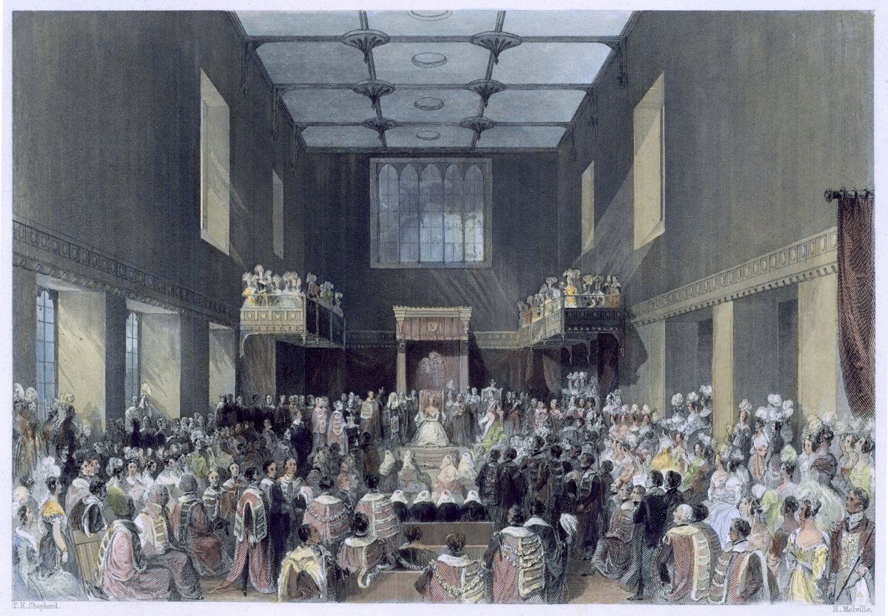 مجلس اللوردات ، جلالة الملك يفتتحان جلسة البرلمان ، نقشها هنري ميلفيل (fl.1826-41) ، c.1840 بواسطة توماس هوسمر شيبرد