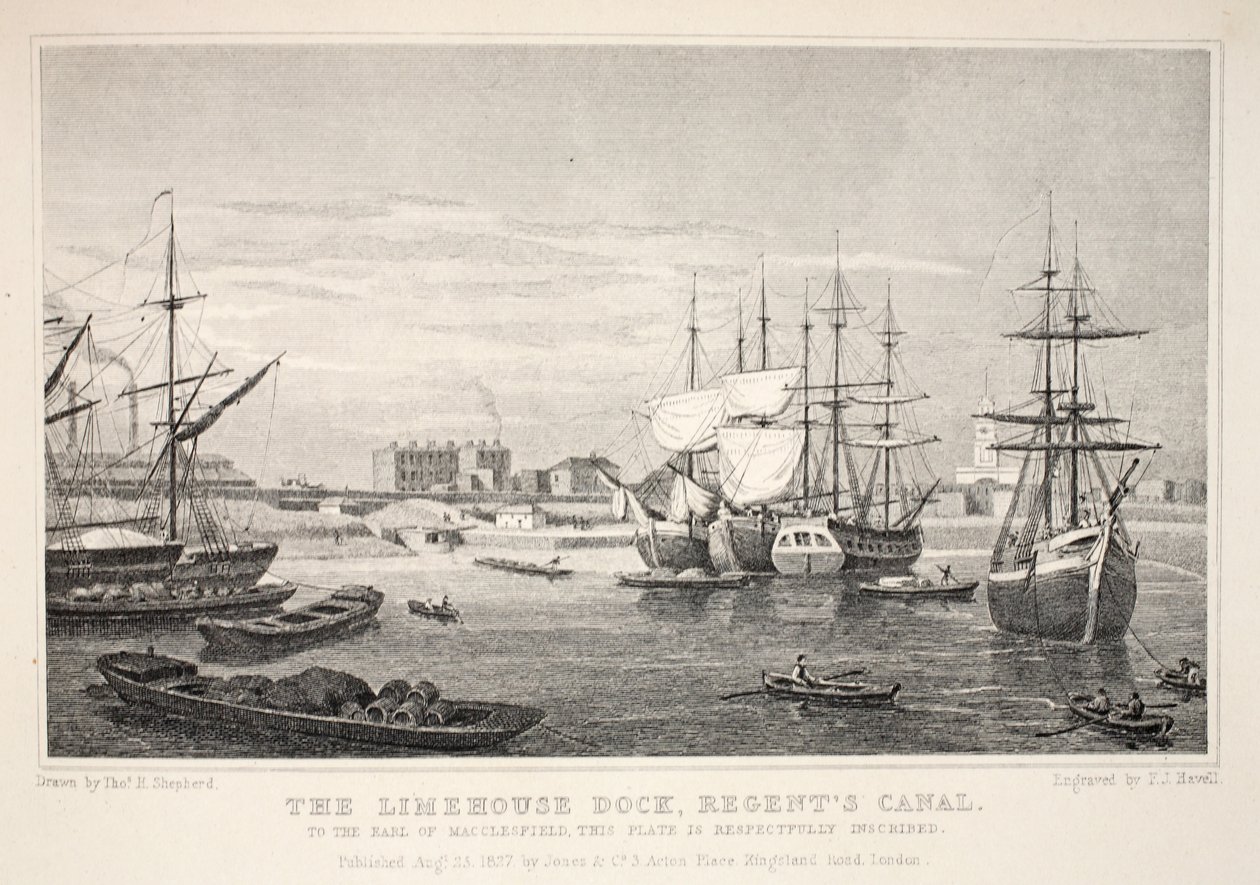 رصيف Limehouse ، قناة ريجنت ، من حانة "لندن وضواحيها في القرن التاسع عشر". شركة جونز أوند ، 1827-1829 بواسطة توماس هوسمر شيبرد