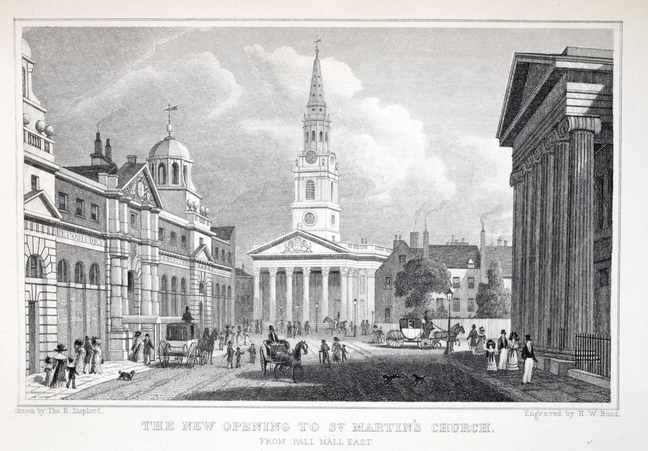 الافتتاح الجديد لكنيسة سانت مارتن ، من Pall Mall East ، من حانة "London and Environs in the Nineteenth Century". شركة جونز أوند ، 1827-1829 بواسطة توماس هوسمر شيبرد