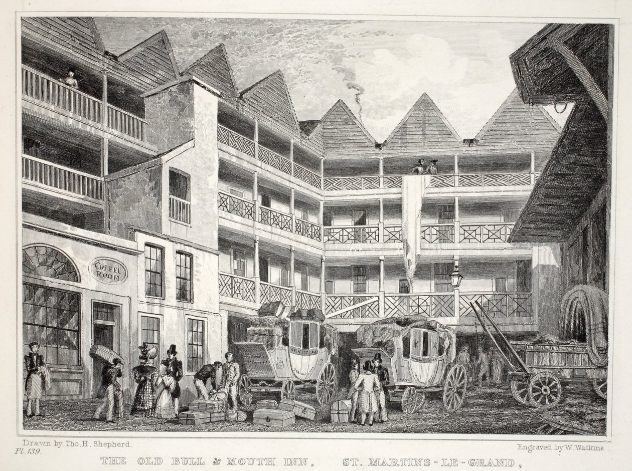 The Old Bull and Mouth Inn ، سانت مارتن لو غراند ، من حانة &39;London and Environs in the Nineteenth Century&39;. شركة جونز أوند ، 1827-1829 بواسطة توماس هوسمر شيبرد