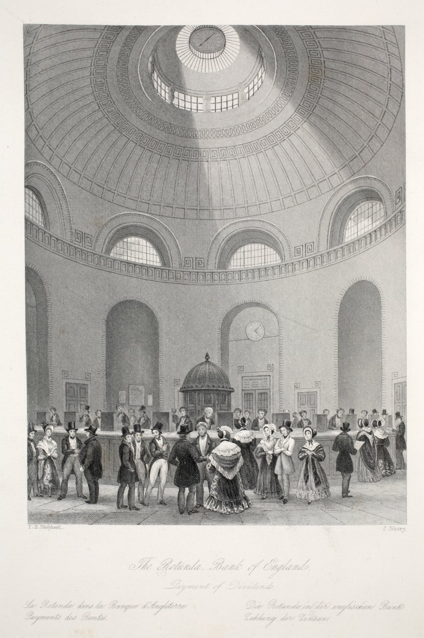 The Rotunda at the Bank of England ، من "London Interiors with the Costumes and Ceremonies" Pub. جوزيف ميد ، لندن ، 1843 (نقش الفولاذ) بواسطة توماس هوسمر شيبرد