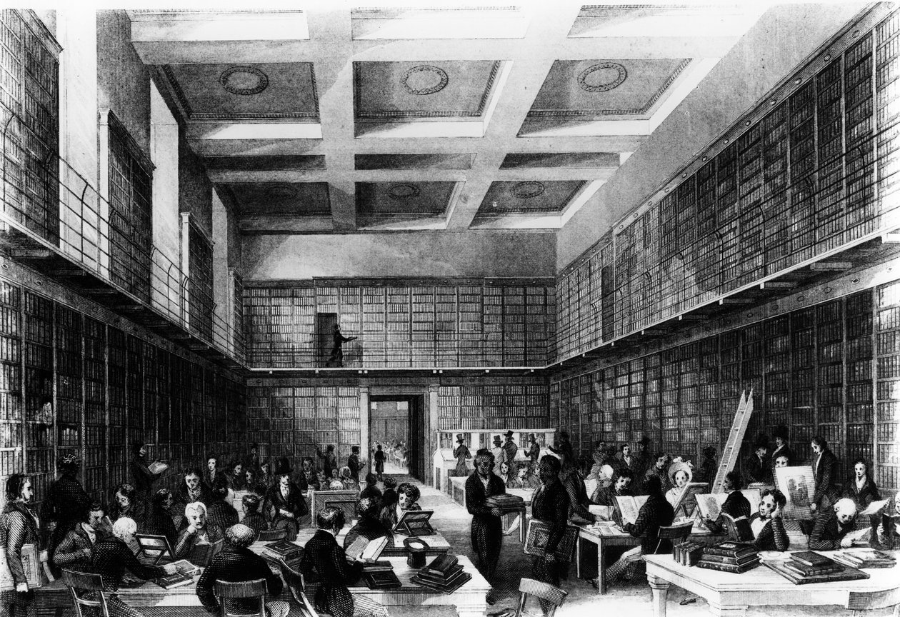 غرفة القراءة السادسة للمتحف البريطاني ، نُشرت في "لندن الداخلية" ، 1841 (النقش) بواسطة توماس هوسمر شيبرد