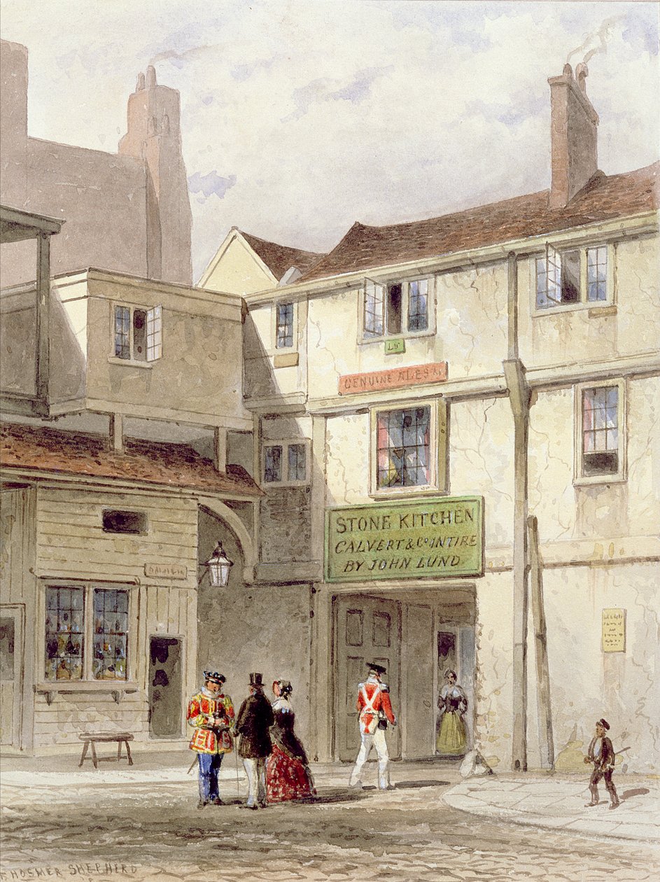 تم هدم المقصف الشهير في البرج - المسمى The Stone Kitchen - في عام 1827 (ألوان مائية) بواسطة توماس هوسمر شيبرد