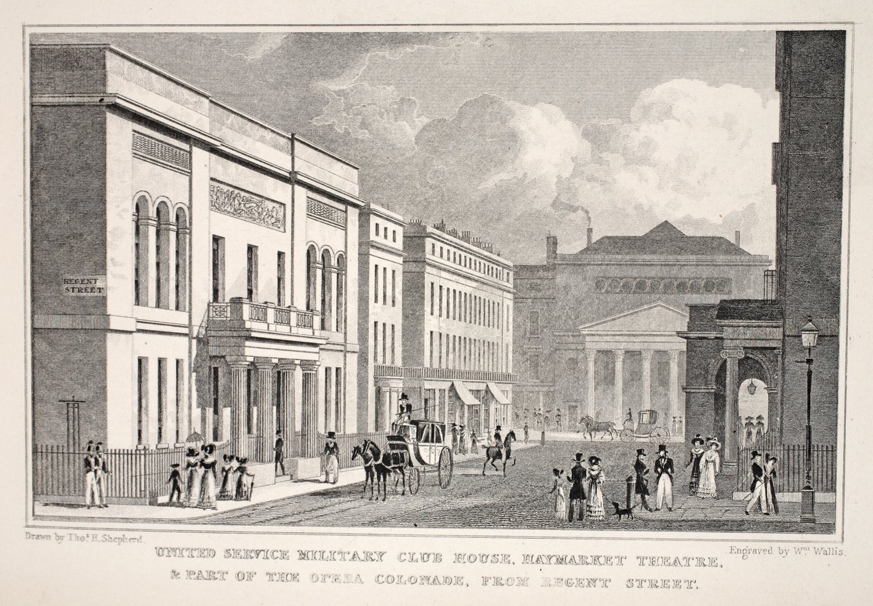 United Service Military Club House ، مسرح Haymarket وجزء من الأوبرا الأوبرا من شارع ريجنت ، من حانة لندن وضواحيها في حانة القرن التاسع عشر. شركة جونز أوند ، 1827-1829 (engravi بواسطة توماس هوسمر شيبرد