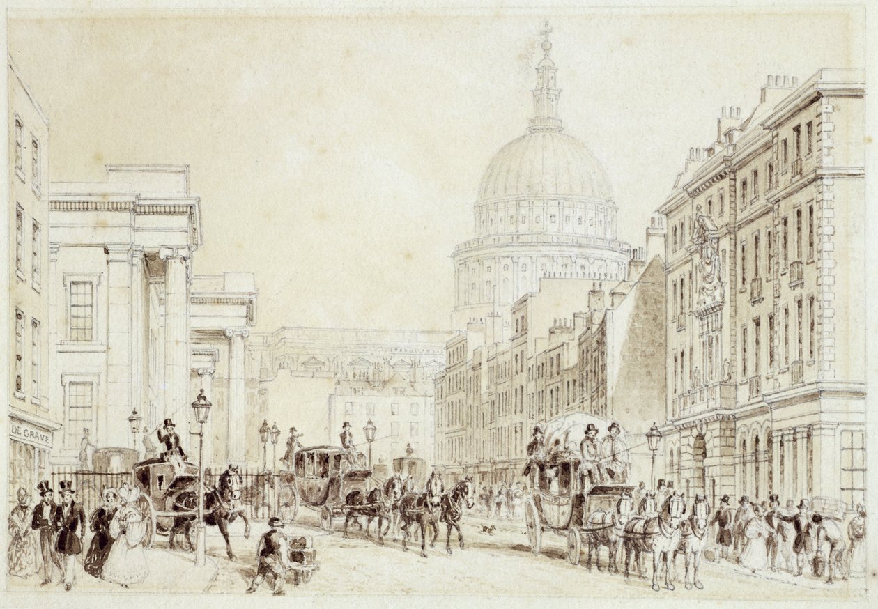 منظر لـ St. Martin&39;s le Grand and the Old General Post Office ، c.1830 (قلم وحبر ، قلم رصاص وغسل على ورق) بواسطة توماس هوسمر شيبرد