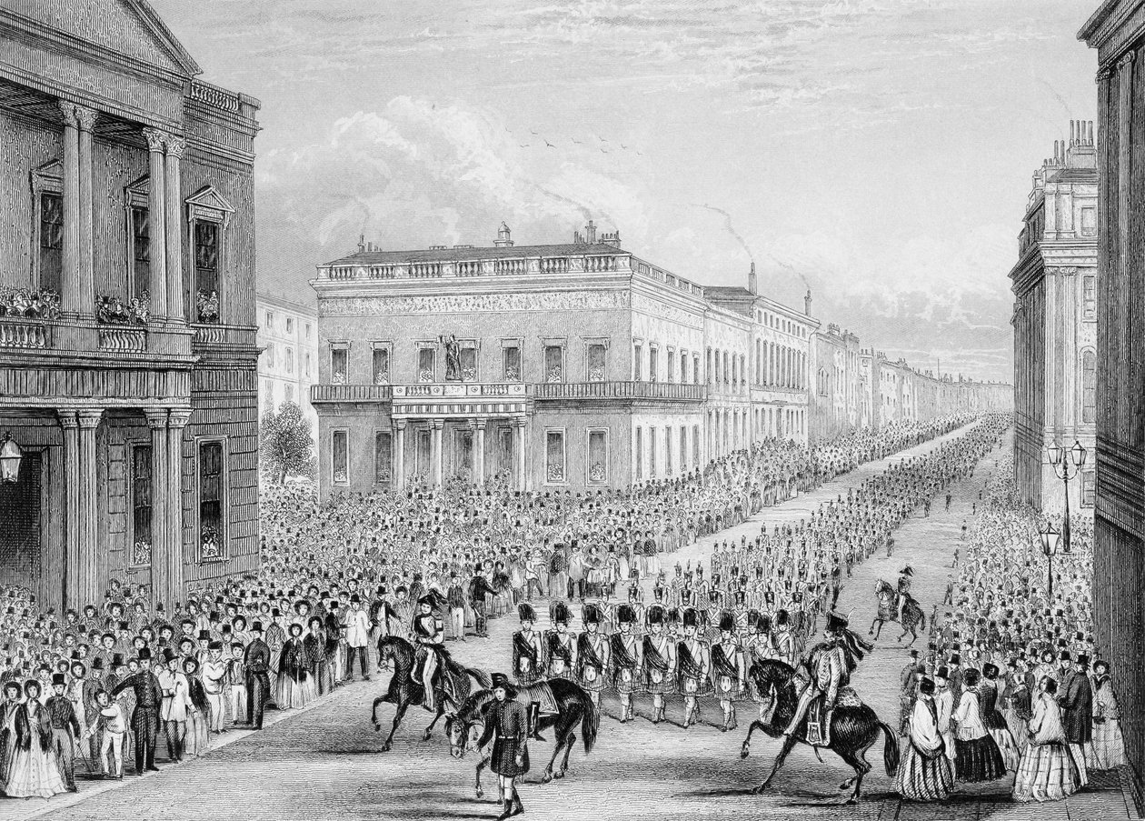 موكب جنازة ويلينجتون يمر بنادي سينيور يونايتد سيرفيس ، بال مول ، لندن ، 1852 بواسطة توماس هوسمر شيبرد