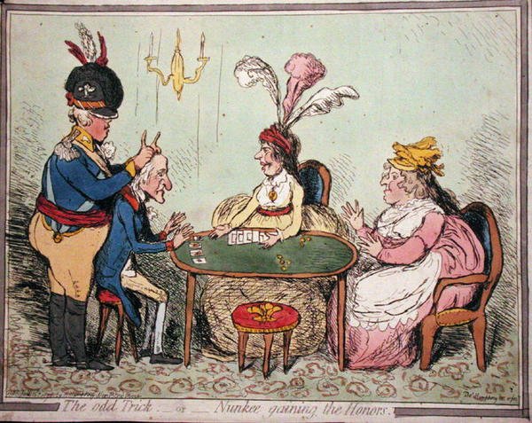 The Odd Trick ، أو Nunkee الحصول على مرتبة الشرف ، التي نشرتها هانا همفري في عام 1796 (نقش ملون يدويًا) بواسطة توماس همفري