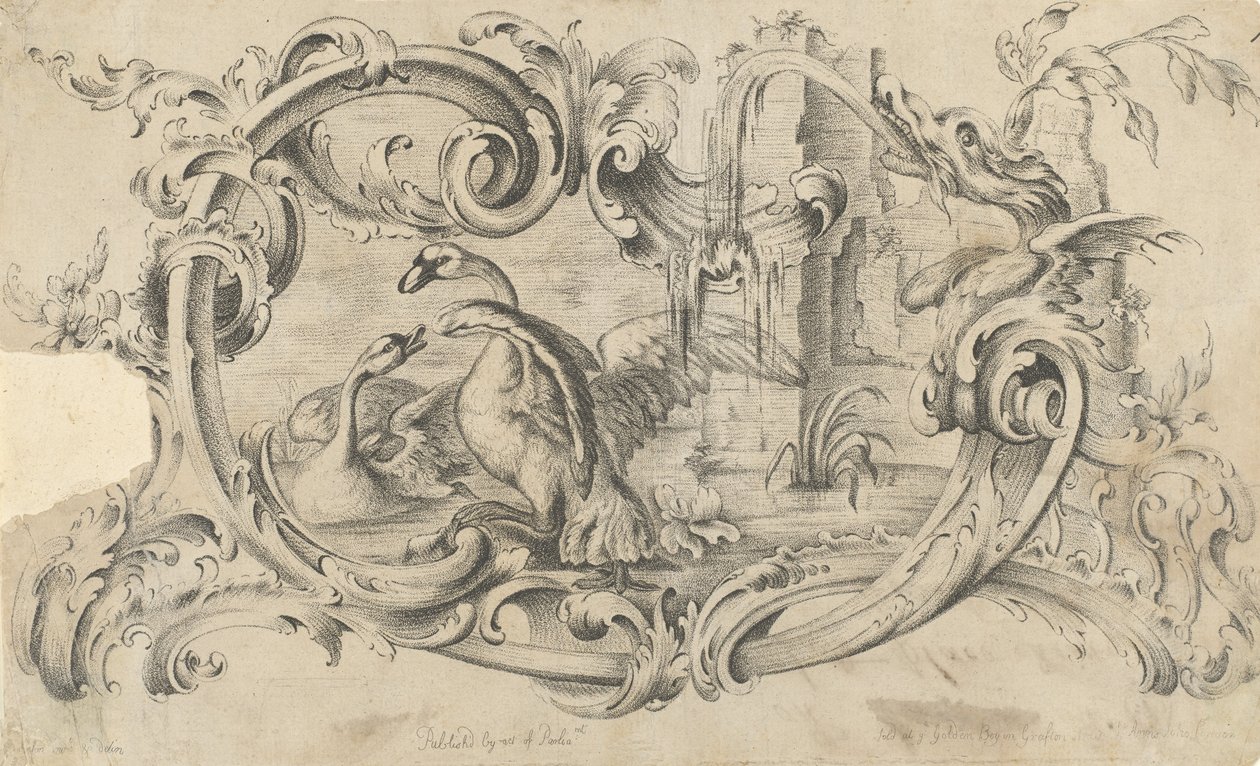 تصميم لوحي لقطعة مدخنة ذات بجعتين في القتال ، ومحاطة بالتمرير ... ، 1762. بواسطة توماس جونسون