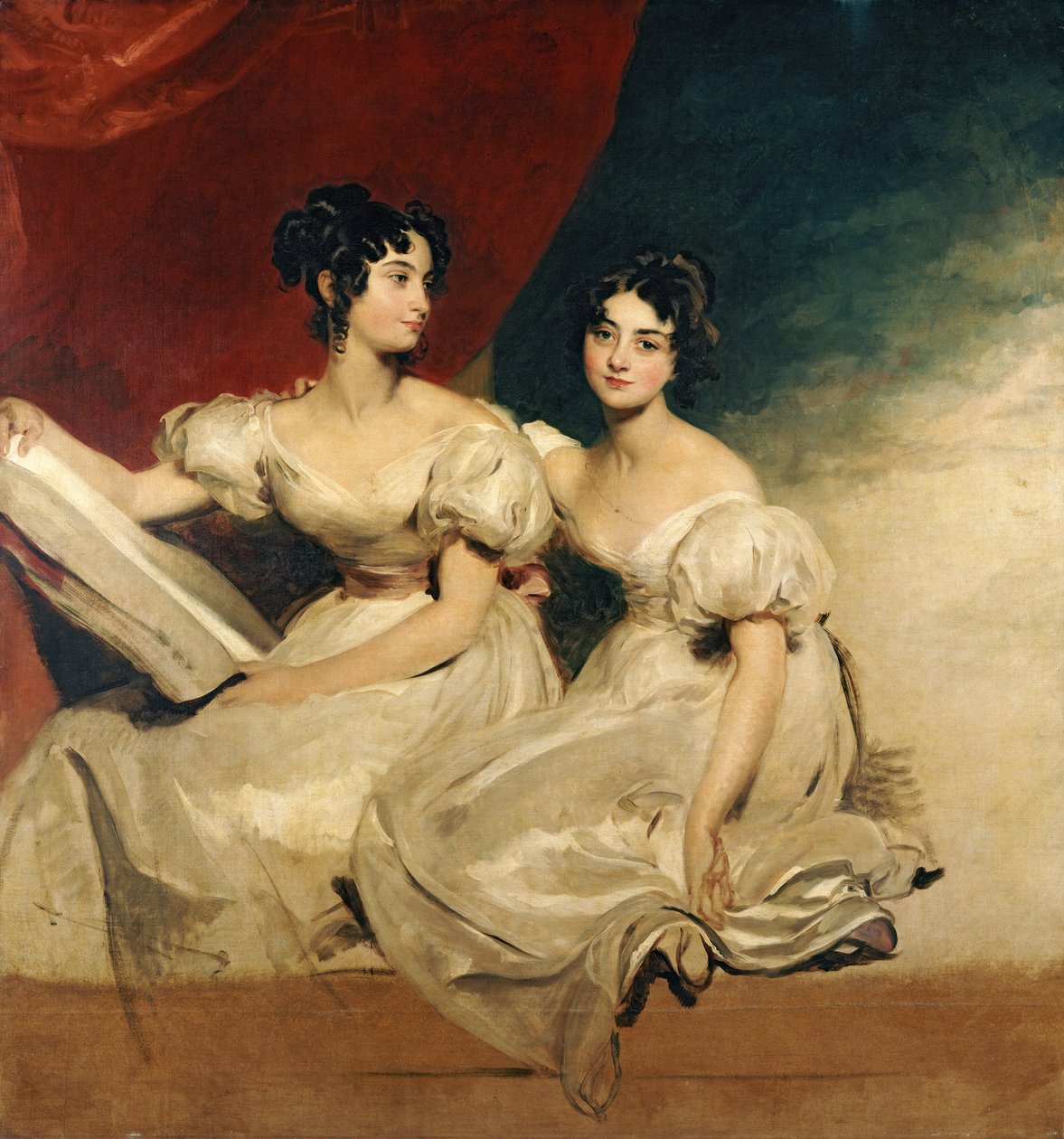 صورة مزدوجة لأخوات فولرتون ، جالسات بطول كامل ، في فساتين بيضاء ، c.1825 بواسطة توماس لورانس