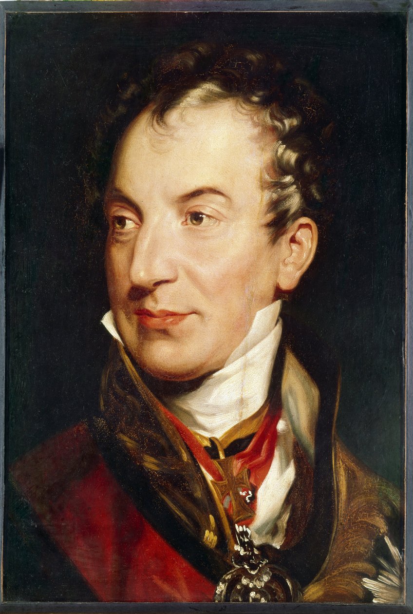 صورة لكليمان (كليمنس) وينزل ، أمير مترنيخ (1773-1859). سياسي نمساوي. لوحة للسير توماس لورانس (1769-1830) ، زيت على قماش ، بين 1814 و 1819. الفن الإنجليزي بواسطة توماس لورانس